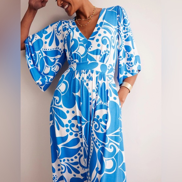 Boden Maya Kimono Jersey Maxi Dress in Indigo Bunting Ripple Swirl - Picture 4 of 14